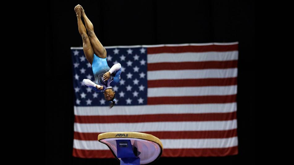 Simone Biles on vault at the 2016 national championships