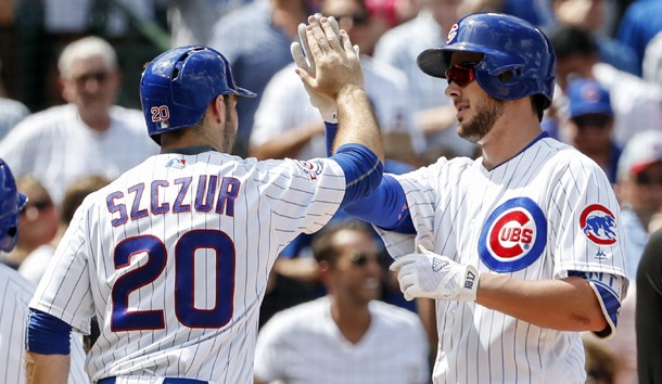 Aug 18 2016 Chicago IL USA Chicago Cubs third baseman Kris Bryant celebrates with left fielder Matt Szczur after hitting two-run home run off of Milwaukee Brewers starting pitcher Zach Davies during the third inning at Wri