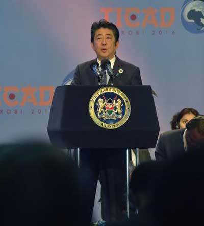 Japanese Prime Minister Shinzo Abe delivers a speech during the opening of the TICAD on Saturday in Nairobi Kenya. AFP