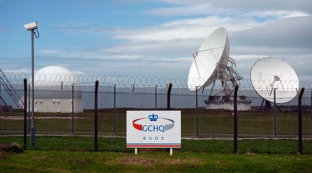 Satellite dishes are seen at GCHQ's outpost at Bude close to where trans Atlantic fibre-optic cables come ashore in Cornwall southwest England