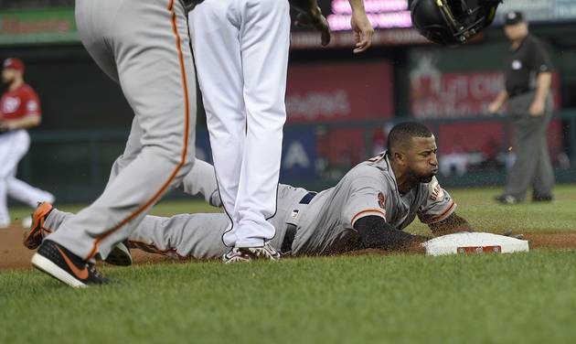 San Francisco Giants&#039 Eduardo Nunez slides into third with a triple during the fourth inning of a baseball game against the Washington Nationals Saturday Aug. 6 2016 in Washington