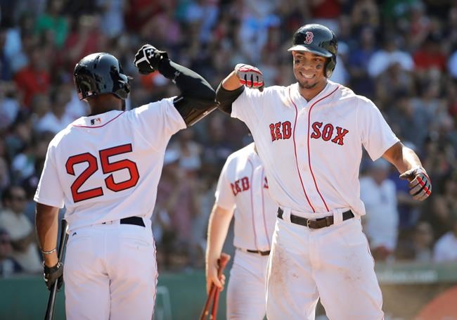 Boston Red Sox's Xander Bogaerts celebrates his solo homer with teammate Jackie Bradley Jr. in the seventh inning of a baseball game against the Detroit Tigers at Fenway Park Wednesday