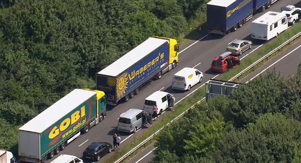 Part of the miles long queue of traffic outside Dover England waiting to cross the English Channel into France