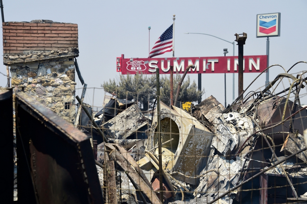 The remains of the historic Summit Inn after the Blue Cut Fire burnt the historic diner to the ground overnight at the top of the Cajon Pass in Hesperia