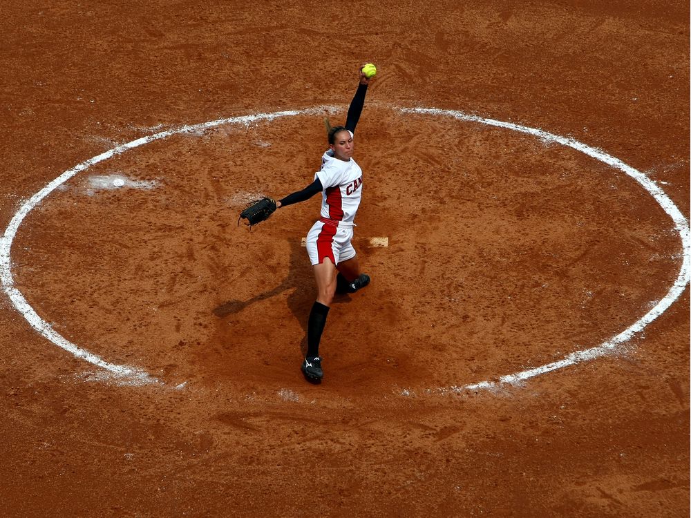 BEIJING- AUGUST 20 Lauren Bay Regula #3 of Canada throws a pitch against Australia during their women's semifinal softball event at the Fengtai Softball Field during Day 12 of the Beijing 2008 Olympic Games