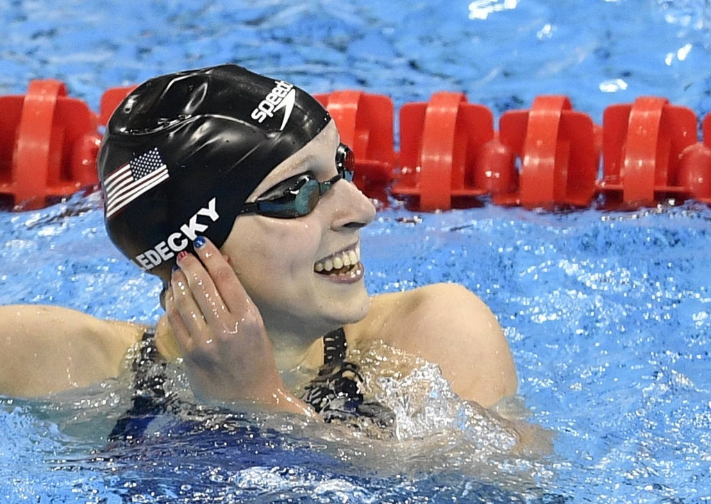 United States&#39 Katie Ledecky celebrates after coming first in the women's 200-meter freestyle final during the swimming competitions at the 2016 Summer Olympics Tuesday Aug. 9 2016 in Rio de Janeiro Brazil