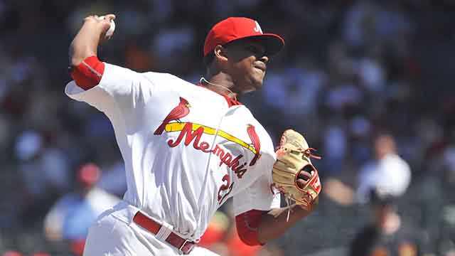 Memphis pitcher Alex Reyes delivers a pitch during the third inning of a MiLB baseball game between the Round Rock Express and Memphis Redbirds at Auto Zone Park in Memphis TN. Memphis won 8-1. Austin McAfee  CSM (Cal Sport Media via AP Image