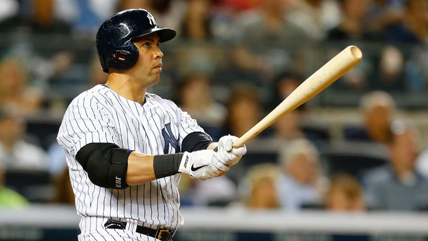 NEW YORK NY- AUGUST 08 Carlos Beltran #36 of the New York Yankees hits a grandslam in the sixth inning against the Cleveland Indians at Yankee Stadium