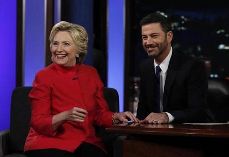 Hillary Clinton with Jimmy Kimmel during a taping of ABC’s ‘‘Jimmy Kimmel Live’’ show