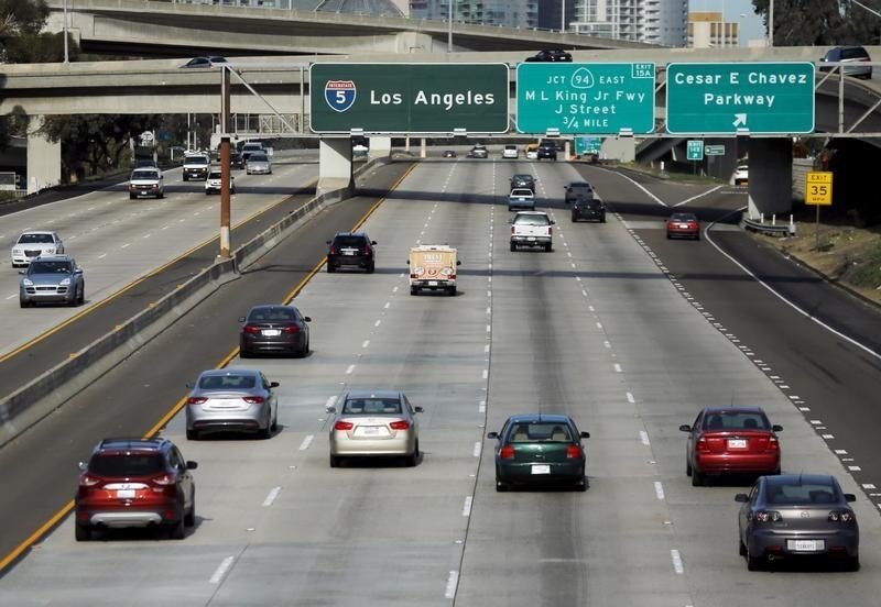 Cars travel north towards Los Angeles on interstate highway 5 in San Diego California