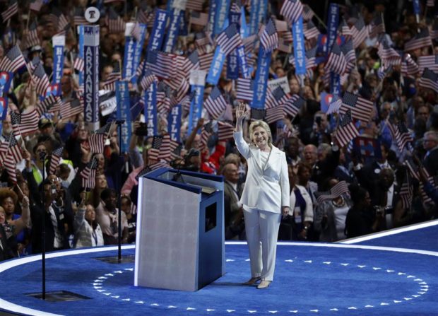 Democratic presidential candidate Hillary Clinton takes the stage during the final day of the Democratic National Convention Thursday