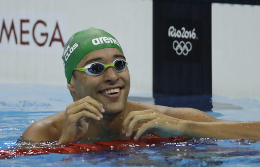 Chad Le Clos smiles after winning a heat of the men's 200-meter butterfly during the swimming competitions at the 2016 Summer Olympics Monday Aug. 8 2016 in Rio de Janeiro Brazil