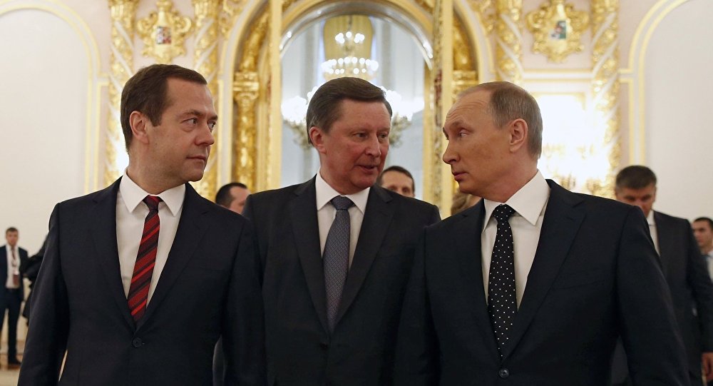 From right Russian President Vladimir Putin Chief of Staff of the Presidential Executive Office Sergei Ivanov and Prime Minister Dmitry Medvedev after Vladimir Putin's Presidential Address to the Federal Assembly at the Kremlin's St. G