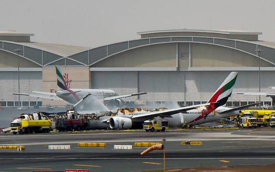 777 of the UAE airliner Emirates after it caught fire following a crash-landing at Dubai airport