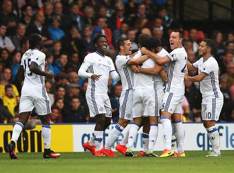 WATFORD ENGLAND- AUGUST 20 Diego Costa of Chelsea celebrates scoring his sides second goal with his team mates during the Premier League match between Watford and Chelsea at Vicarage Road