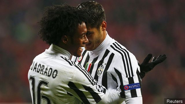 Juventus Juan Cuadrado celebrates after scoring a goal with Alvaro Morata