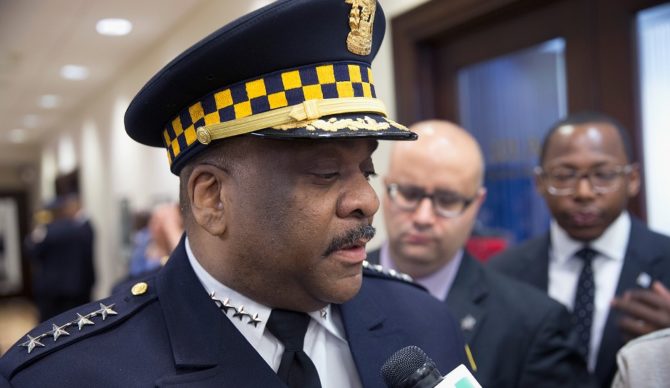 Chicago Police Superintendant Eddie Johnson speaks to the press in Chicago Illinois