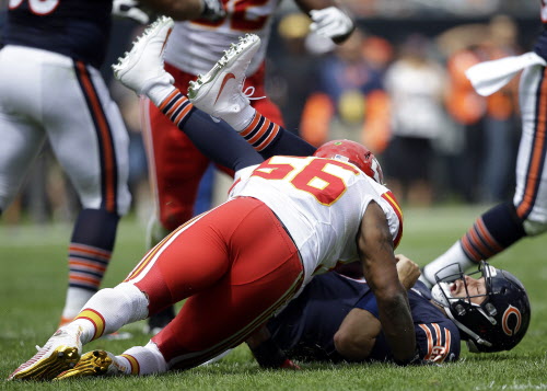 Chiefs linebacker Derrick Johnson sacks Jay Cutler on Saturday at Soldier Field