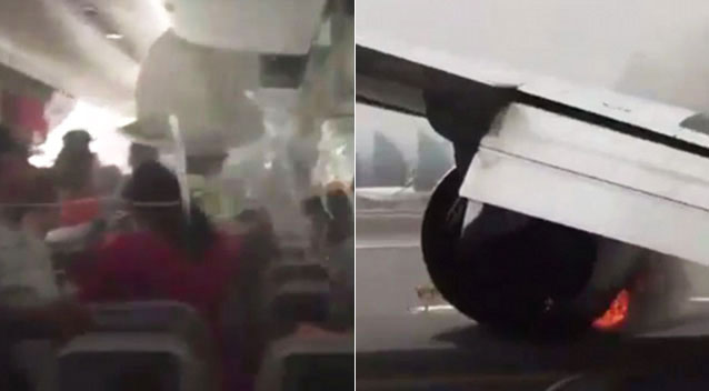 Children were among 300 screaming people who are seen fleeing the cabin on a crash Emirates plane in Dubai