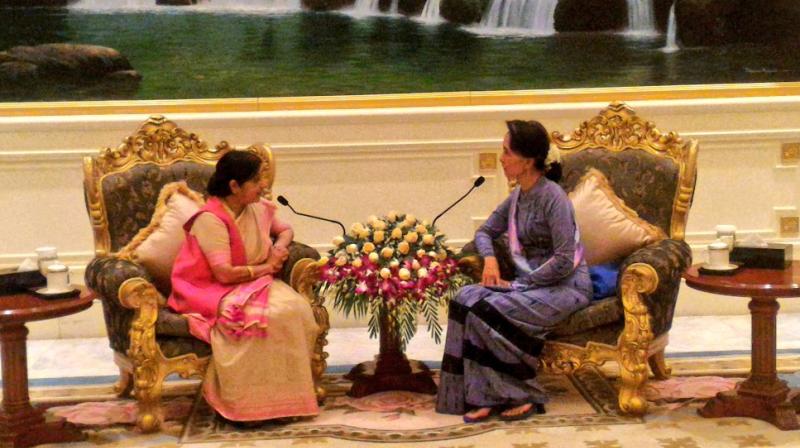 External Affairs Minister Sushma Swaraj who arrived in Myanmar on a day-long visit held talks with Myanmarese leaders on key bilateral issues including cross-border activities by certain insurgent groups