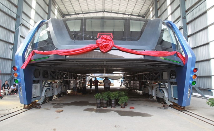 China's first Transit Elevated Bus being readied for a test drive in Qinhuangdao