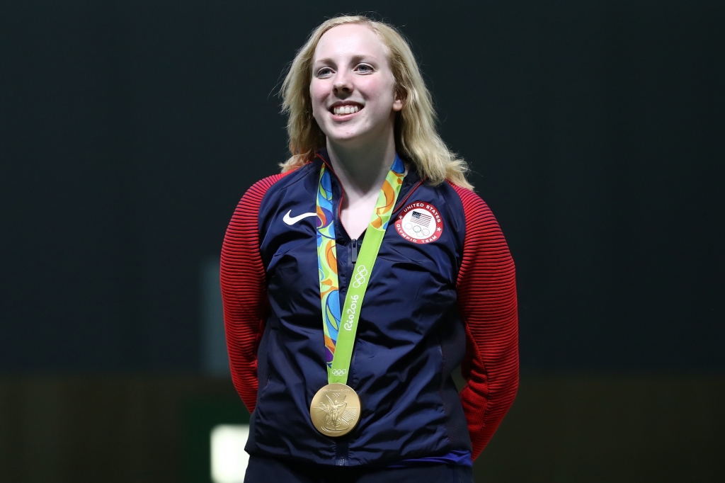 Virginia Thrasher of the United States celebrates after winning the gold medal in the 10m Air Rifle Women's Finals on Day 1 of the Rio 2016 Olympic Games at the Olympic Shooting Centre