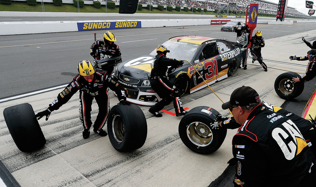 Ryan Newman driver of the No. 31 Caterpillar Chevrolet pits during the NASCAR Sprint Cup Series Pennsylvania 400 at Pocono Raceway on Monday in Long Pond Penn. The race was delayed due to inclement weather on Sunday