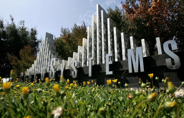 The Cisco Systems logo is seen in front of the company's headquarters in San Jose California. Cisco has announced that it will layoff 5.500 employees due to its shift toward software