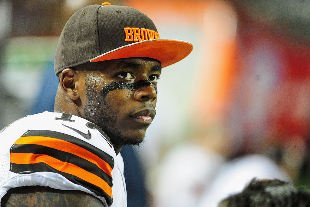 ATLANTA GA- NOVEMBER 23 Josh Gordon #12 of the Cleveland Browns stands on the sideliens in the first half against the Atlanta Falcons at Georgia Dome