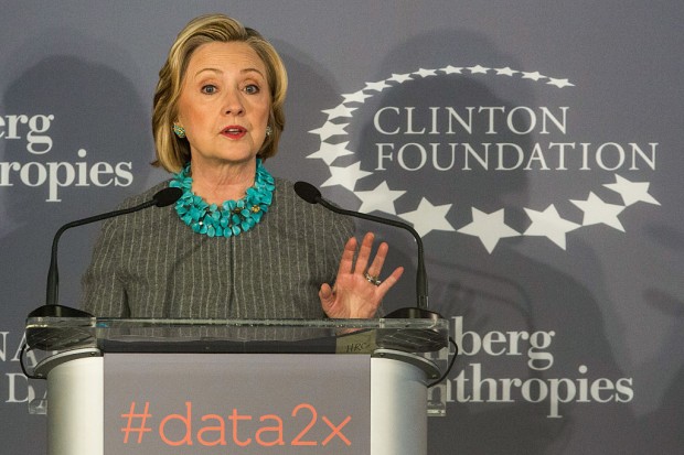 Former U.S. Secretary of State and first lady Hillary Clinton speaks at a press conference announcing a new initiative between the Clinton Foundation United Nations Foundation and Bloomberg Philanthropies titled Data 2x