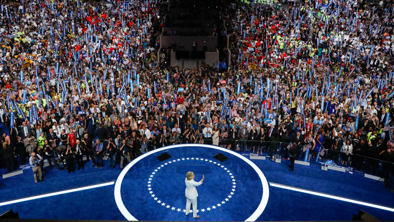 Democratic presidential nominee Hillary Clinton waves to delegates after her speech during the final day of the Democratic National Convention in Philadelphia Thursday