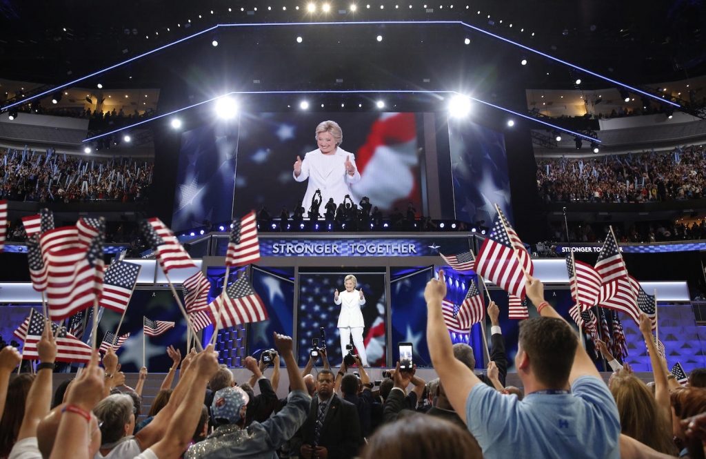 Presidential nominee Hillary Clinton on stage at the Wells Fargo Center in Philadelphia Thursday night to accept the Democratic party's nomination. Supporters of Sen. Bernie Sanders reacted in a relatively positive light