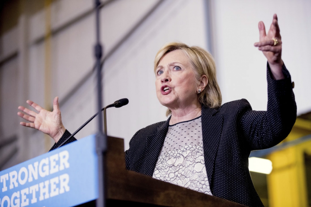 Democratic presidential candidate Hillary Clinton gives a speech on the economy after touring Futuramic Tool & Engineering in Warren Mich. Thursday Aug. 11 2016