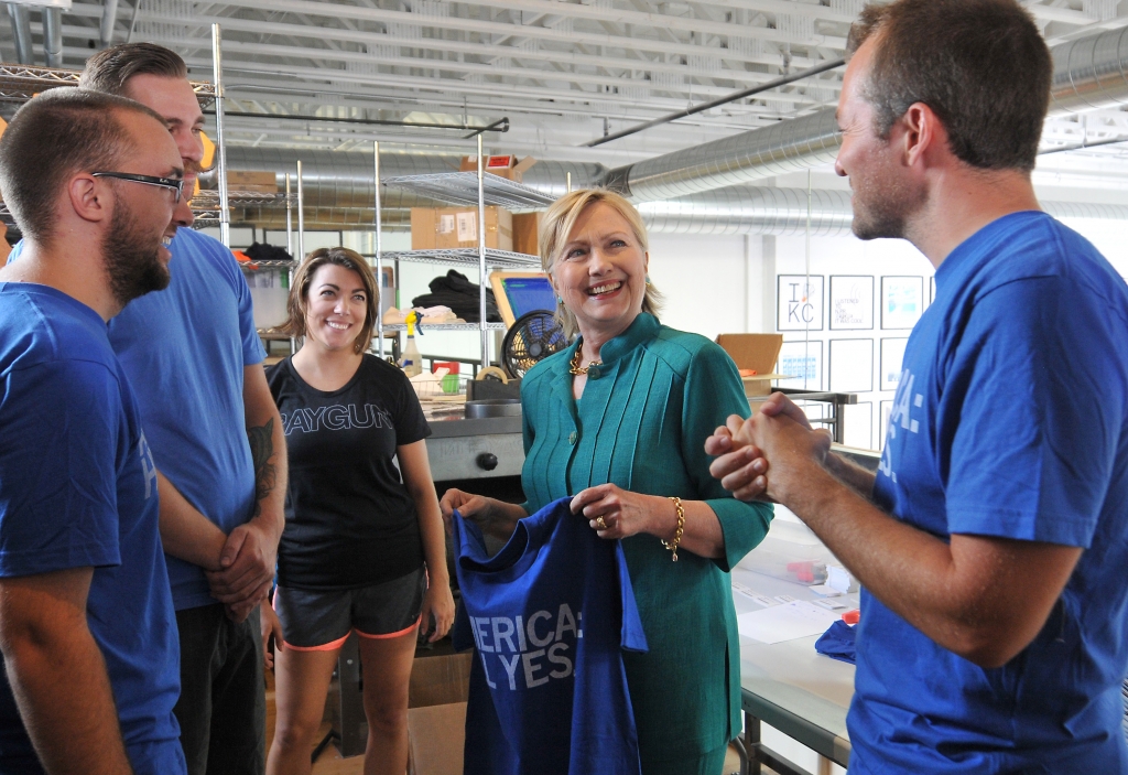 Democratic presidential nominee Hillary Clinton tours a screen print shop and talks about her economic plan