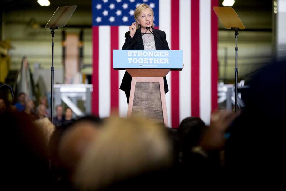 Democratic presidential candidate Hillary Clinton gives a speech on the economy after touring Futuramic Tool & Engineering in Warren Mich. Thursday Aug. 11 2016