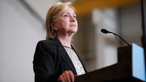 Clinton speaking at the Futuramic plant in Warren Mich.
Getty Images