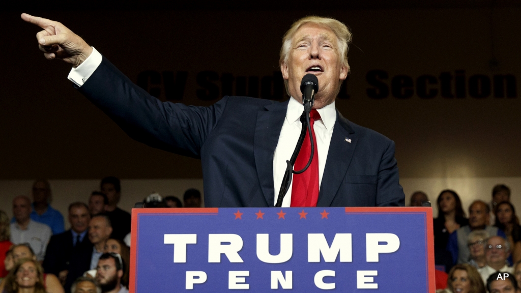 Republican presidential candidate Donald Trump speaks during a campaign rally at Cumberland Valley High School Monday Aug. 1 2016 in Mechanicsburg Pa