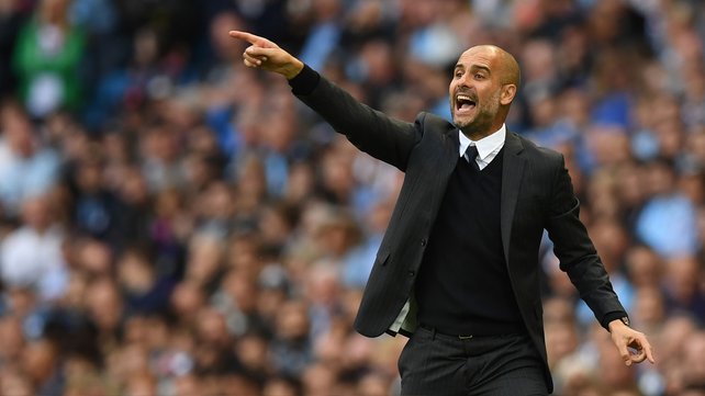 Pep Guardiola gives out orders during Manchester City's 2-1 win over Sunderland