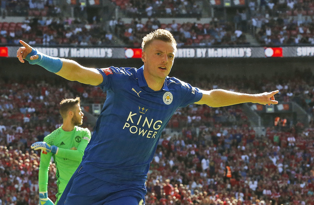 Leicester's Jamie Vardy celebrates after scoring during the Community Shield soccer match between Leicester and Manchester United at Wembley stadium in Londo