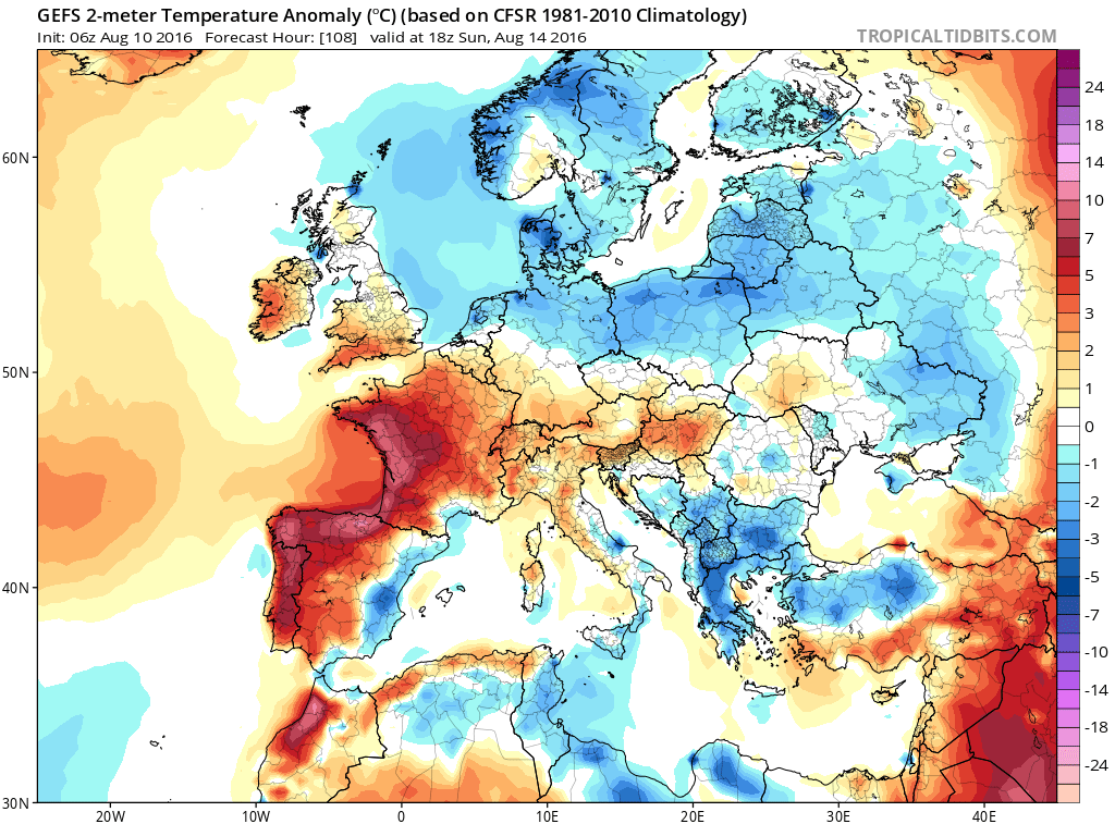 Computer model projection for temperature departures from average on Sunday