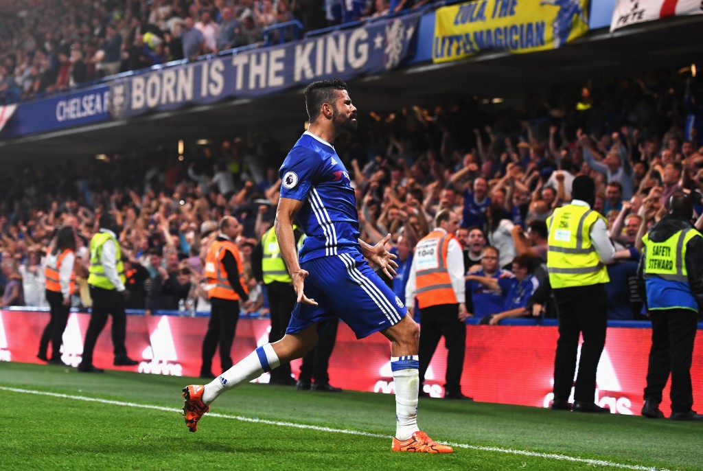 LONDON ENGLAND- AUGUST 15 Diego Costa of Chelsea celebrates scoring his team's second goal during the Premier League match between Chelsea and West Ham United at Stamford Bridge