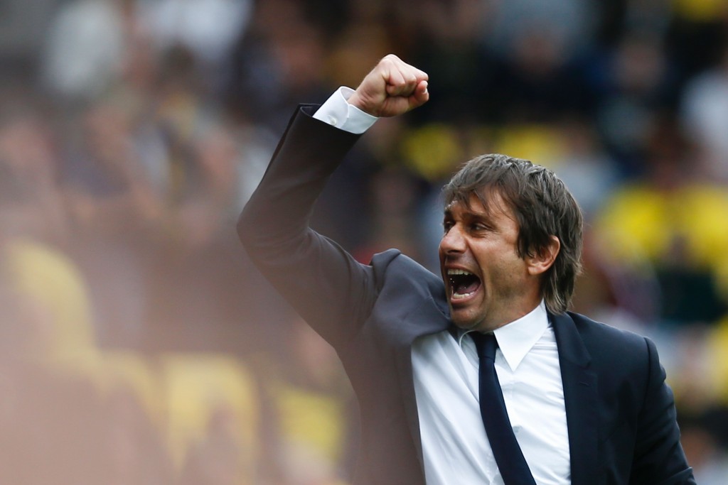 Chelsea's Italian head coach Antonio Conte reacts at the final whistle on the touchline during the English Premier League football match between Watford and Chelsea at Vicarage Road Stadium in Watford north of London