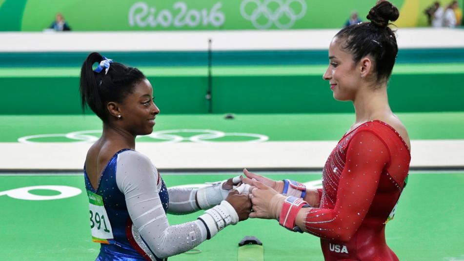 Simone Biles and Aly Raisman in the women's gymnastics all-around final at the 2016 Rio Olympics