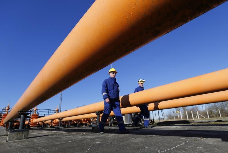 Engineers oversee the gas distribution system in Kiskundorozsma 170 kilometres south of Budapest on January15 2015