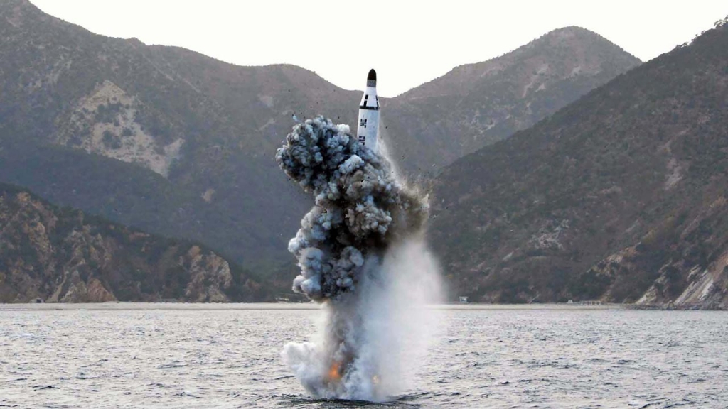 Korea's official Korean Central News Agency showing an underwater test-fire of a strategic submarine ballistic missile at an undisclosed location in North Korea