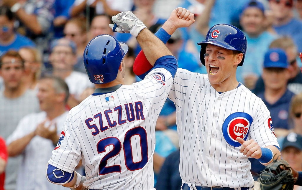 Cubs outfielders Matt Szczur left and Chris Coghlan celebrate after Szczur against the Cardinals