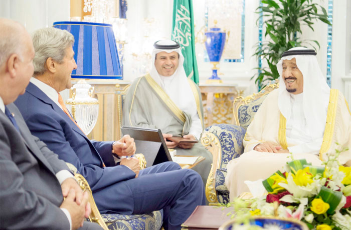 Custodian of the Two Holy Mosques King Salman receives US Secretary of State John Kerry and his accompanying delegation in Jeddah Thursday. — SPA