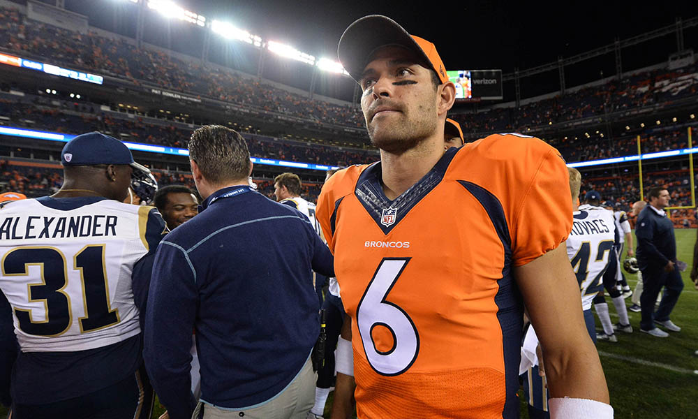 Aug 27 2016 Denver CO USA Denver Broncos quarterback Mark Sanchez leaves the field following the win over the Los Angeles Rams at Sports Authority Field at Mile High. The Broncos defeated the Rams 17-9. Mandatory Credit Ron Chenoy-USA TODAY Spo