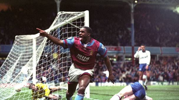 Dalian Atkinson celebrates scoring for Aston Villa against Ipswich his first professional club