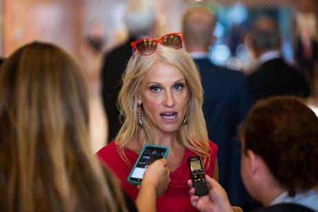 Kellyanne Conway center Donald Trumpâ€™s new campaign manager speaks with reporters at Trump Tower in New York Aug. 17 2016. Trump has shaken up his presidential campaign for the second time in two months hiring a top executive from the